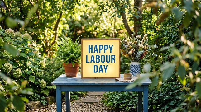 Labor day greeting in a lush garden setting featuring a light box and rustic blue table display
