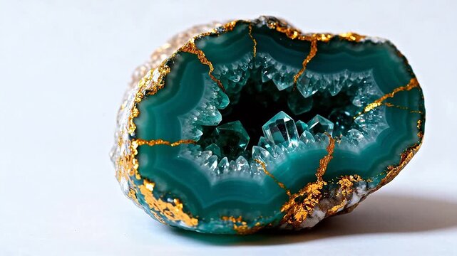 Geode with turquoise crystals and gold veins