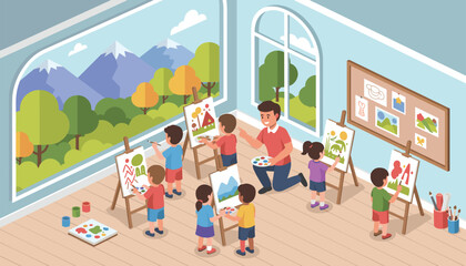 Naklejka premium Bright classroom filled with happy young children painting on easels during a creative art lesson with a teacher.