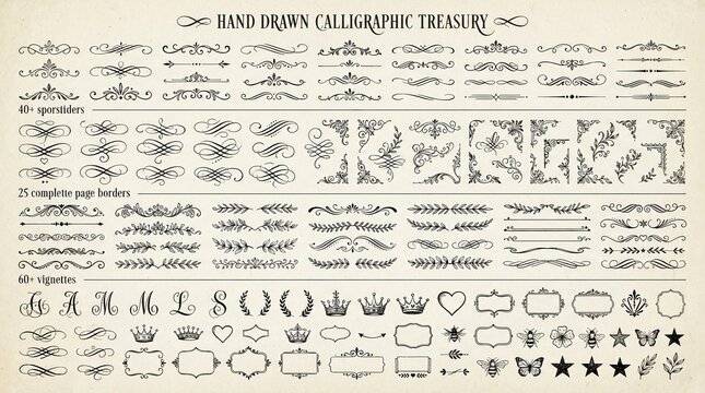 Detailed collection of hand drawn calligraphic elements featuring elegant vintage flourishes decorative page borders ornate dividers and artistic ink illustrations on a textured light paper background