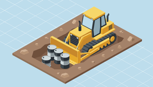 Yellow bulldozer digger excavator clearing out toxic waste barrels from a construction site ditch in isometric view.