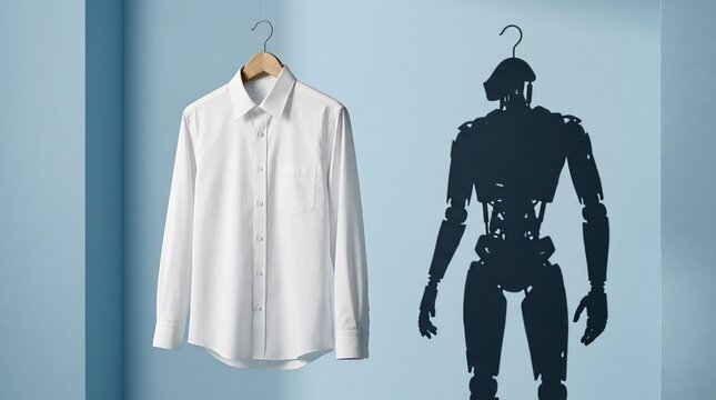 White Formal Dress Shirt Hanging on Hanger with Humanoid Robot Shadow on Blue Background