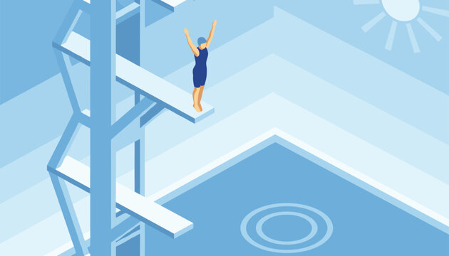 Isometric illustration of a female athlete standing on a high diving board preparing to jump into a swimming pool.
