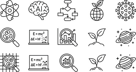 Scientific research and education line icons set including physics formulas planet and laboratory symbols. © Emongrapic