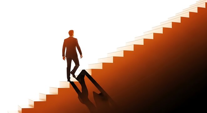 Silhouette of a man in suit ascending bright stairs, achieving a goal