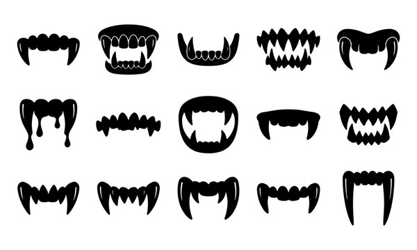 Halloween Vampire Fangs Silhouette Bundle Monster Teeth Dracula Mouth Collection Horror Clipart Black Icons On White Background