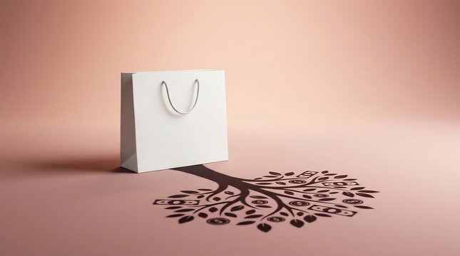 White shopping bag casting a shadow of a money tree with coins and banknotes on a pink background