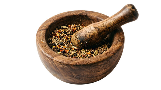 Wooden mortar and pestle with crushed spices isolated on white background, perfect for cooking, culinary, and kitchen lifestyle design, and creative projects, high quality visuals, modern