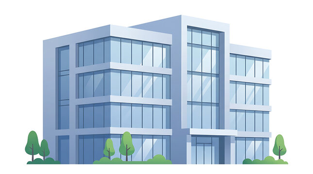 A flat of a modern corporate office building with glass windows, blue tones, and small green trees on a white background