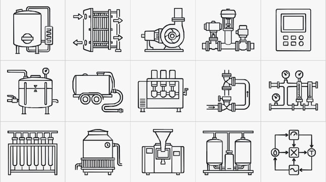 Elegant Black and White Line Icons Set of Industrial Equipment and Process Control Systems with high quality professional line art symbols for modern creative design and digital branding projects