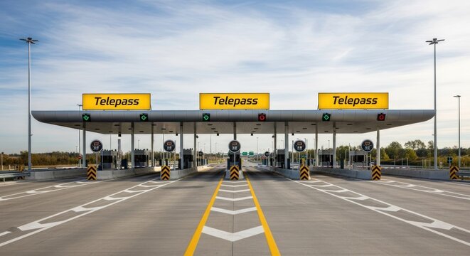 Toll plaza under blue sky roadway with overhead telepass signs daytime scene