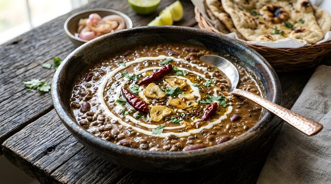 A black bowl of rich dal makhani garnished with cream, fried garlic, and red chilies is served with flatbread in the background.