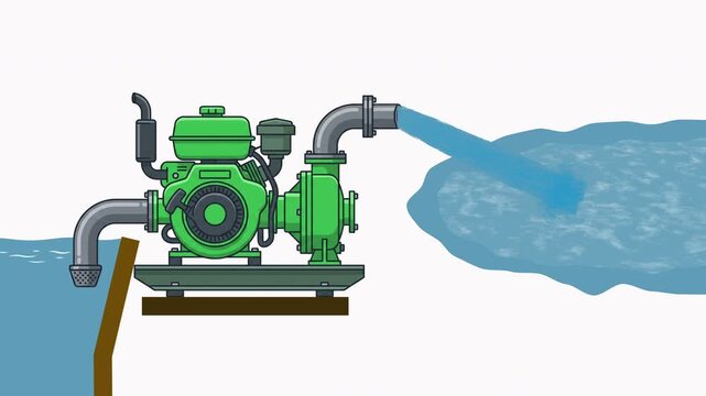 Irrigation water pump engine pulling water from source to canal, rural farming equipment asset motion graphic video, animation of an agricultural diesel water pump shallow machine irrigating fields.