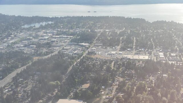 Aerial view of suburban development and waterway in Washington state