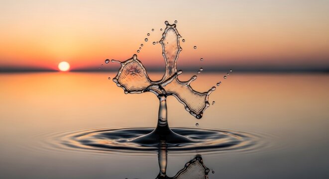 Water drop impact creating a crown shape against sunset sky backdrop