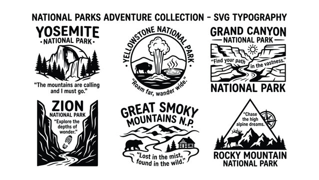 National Parks Adventure Collection SVG Typography Designs featuring Yosemite Zion Yellowstone Grand Canyon Smoky Mountains Rocky Mountain