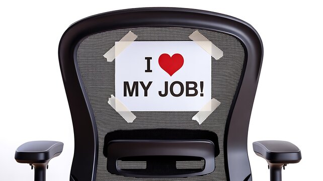 Office chair with i love my job message representing workplace satisfaction