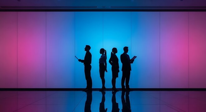 Silhouetted figures stand against a color-gradient wall, holding tech devices, in a modern interior
