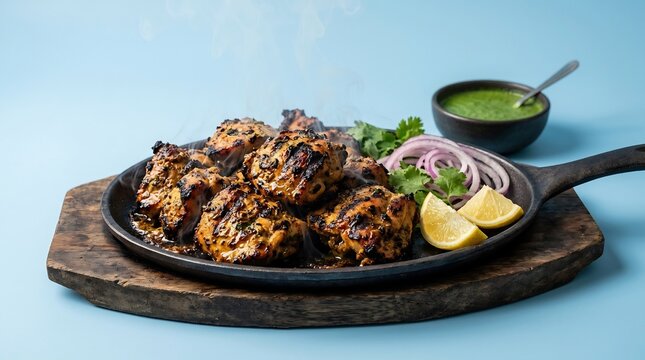 Smoky grilled chicken tikka pieces served on a cast iron skillet with green chutney, lemon wedges, and red onion slices on a wooden board