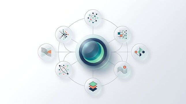 Central sphere connected to eight diverse technological icons isolated on white background transparent background