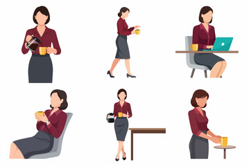 Obraz premium Set of flat vector illustrations of a professional businesswoman in various poses during a coffee break and working at the office