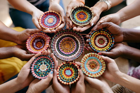 Different ages and nationalities' female hands kept their weaving craft after the workshop, together staying in a circle. Diversity and inclusion. Women from multicultural backgrounds in Australia.
