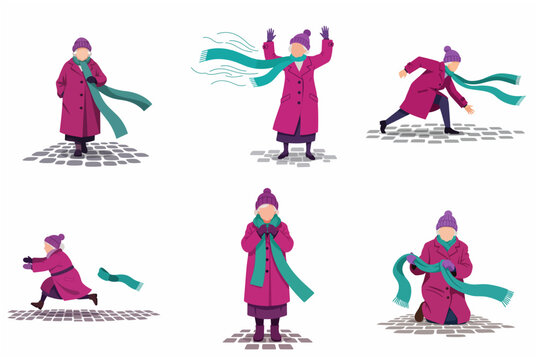 Elderly woman struggling with long scarf in windy weather illustration set, senior lady in winter coat character design isolated on white background