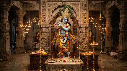 Obraz premium Krishna statue within a detailed temple interior illuminated by hanging lamps