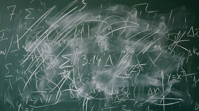 Chaotic chalkboard covered in complex mathematical equations formulas and symbols representing abstract scientific concepts