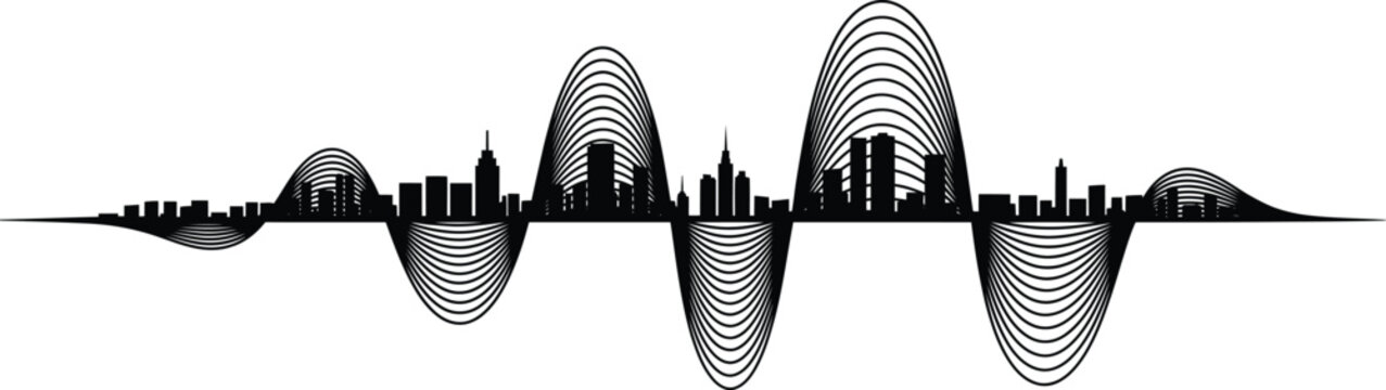 City skyline sound wave illustration with black skyscraper silhouettes and circular rhythmic pattern on linear horizon.