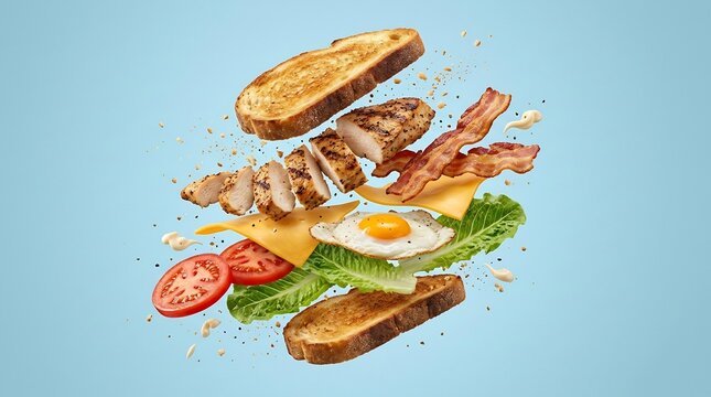 Exploded view of a gourmet club sandwich with grilled chicken, bacon, egg, cheese, lettuce, and tomato on toasted bread