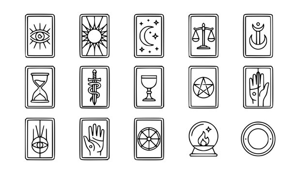 Tarot cards symbols and mystical esoteric vector icon set with simple bold line art classic complete sun moon pentacle sword chalice wheel of fortune and magic astrology clip art black and whitetarot,