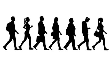 Obraz premium Silhouettes of people walking in a line with bags isolated on transparent background, Vector
