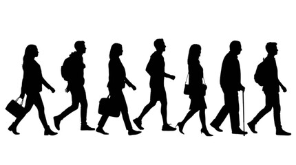 Obraz premium Silhouette people walking in a line carrying bags isolated on transparent background, Vector