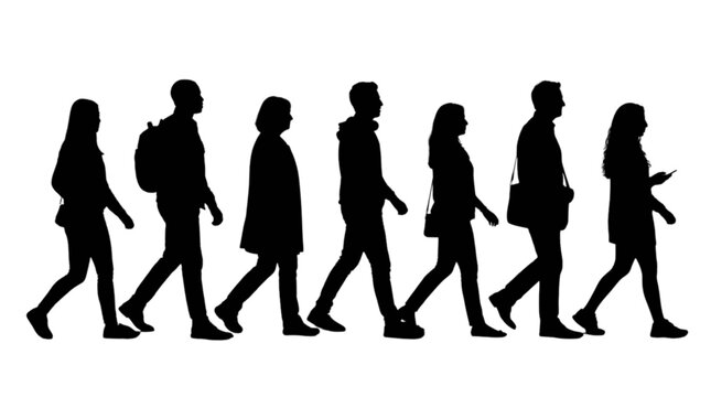 Silhouette group of people walking together in a line isolated on transparent background, Vector