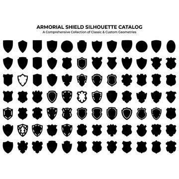 A comprehensive catalog showcasing a diverse collection of armorial shield silhouettes and classic custom geometries for graphic design projects.