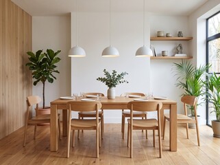 Fototapeta premium A minimalist wooden dining set with place settings rests under modern pendant lights in a sunlit Scandinavian-style room.