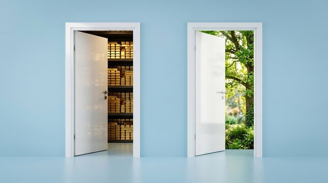 Conceptual image showing two open doors on a blue wall, one leading to gold bars and the other to a green forest