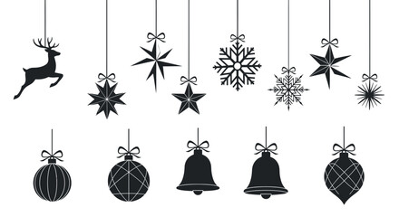 Collection of black silhouette christmas ornaments including reindeer stars bells and baubles hanging on strings on white background with displays collection © Kamola