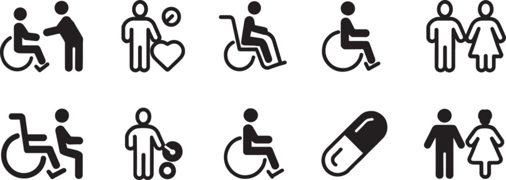 Accessibility Icons Set with Wheelchair Symbol and Elderly Pregnancy Medical Care Pictograms in Bold Black