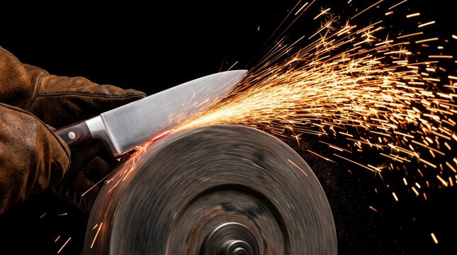 Knife Sharpening on Grinding Wheel in Workshop