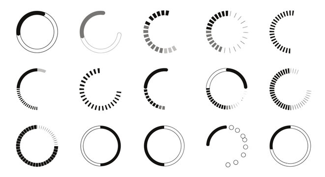 Collection of circular loading spinner icons in grayscale for UI design and mockups.
