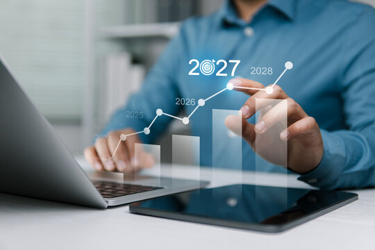 Goals 2027. Business Analysis planning business growth 2027, plan finances, marketing, goals, success and sustainable business development.