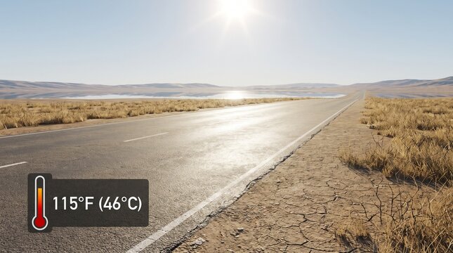 Extreme Heat Wave Concept Showing Sun Reflection Mirage on Empty Desert Road with Cracked Earth and Temperature Overlay
