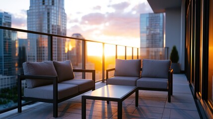 Fototapeta premium Modern rooftop terrace with outdoor furniture and cityscape view at sunset