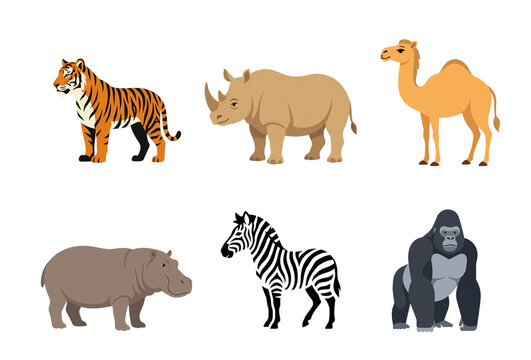 set of animals: tiger, zebra, camel, hippo, rhino and gorilla