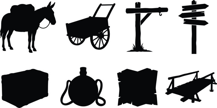 Medieval Travel and Adventure Equipment Silhouette Bundle with Pack Mule Wagon and Explorer Gear Vector Collection