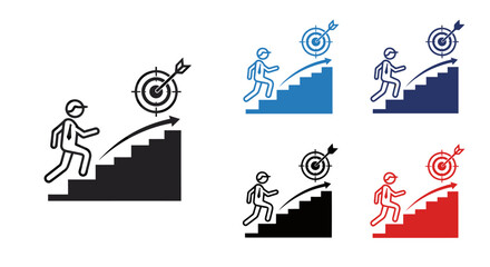 Obraz premium Motivated person climbing staircase toward a distant goal with a shining target ring.