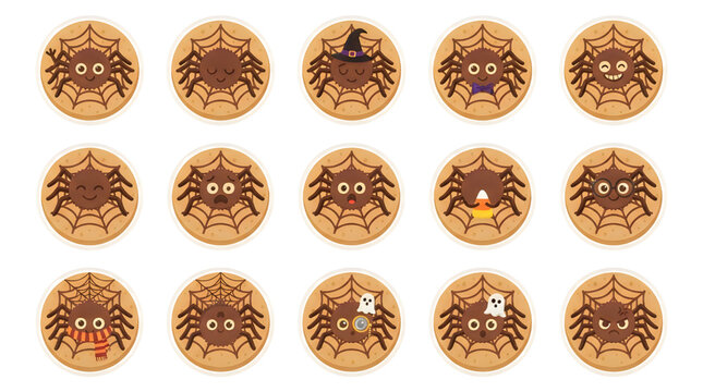 Halloween peanut butter spider cookies character collection flat vector icon set


