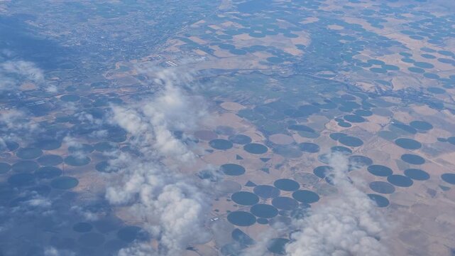 Aerial view of circular crop irrigation fields in Washington state